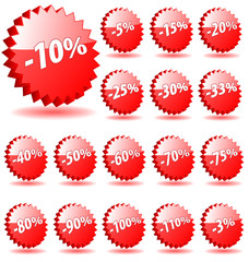 3D vector star badges with discount numbers for retail.