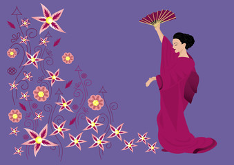 Illustration of abstract ornament and beautiful woman in kimono