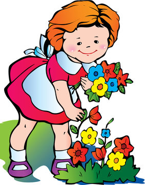 Fine little girl gather flowers. Happy childhood