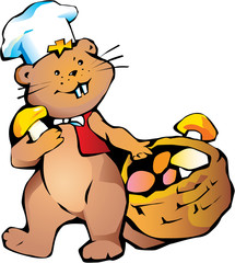 Happy cook beaver with basket of mushrooms