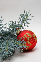 rote weihnachtskugel mit tannenzweig