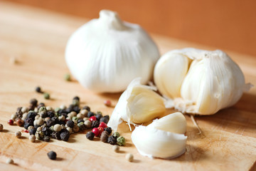 Garlic and spices, different color of pepper