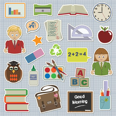 Vector collection of school education clipart stickers on graph paper background