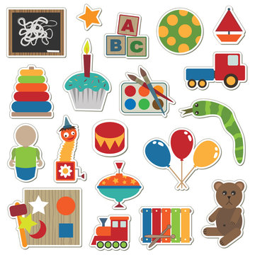 Toddler toys stickers vector clipart kids toy bear blocks truck train paints balloons spinning top isolated on white