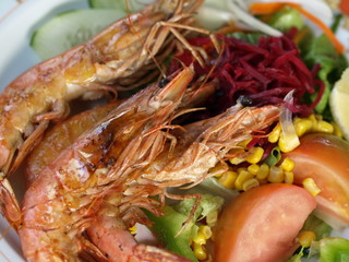 Closeup of king prawns meal.