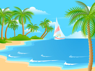 Fototapeta na wymiar Beautiful a bright landscape on the summer beach with palm trees