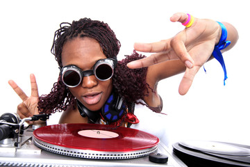 cool afro american DJ in action isolated on white