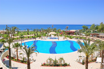 Swimming pool area in popular hotel, Antalya, Turkey