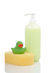 Rubber duck, soap and sponge