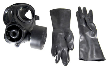 rubber chemical gloves and gas mask on white background