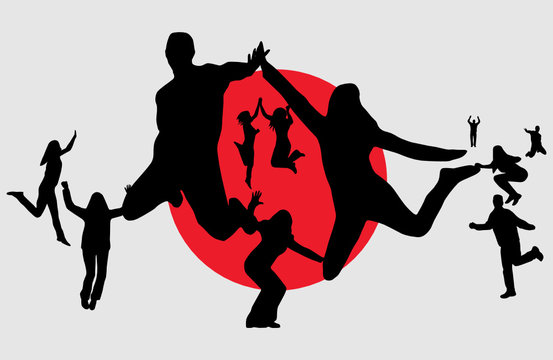 Flag of japan and people jumping