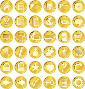 Round, golden web buttons and icons