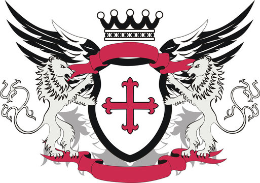 Grunge heraldic shield with cross flory and lions