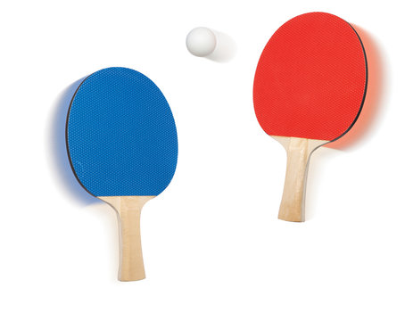 ping pong ball, blue racket, red racket, sport