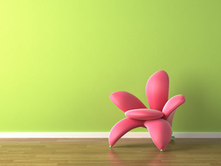 interior design pink flower shaped armchair on green
