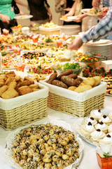 the buffet table full of snacks