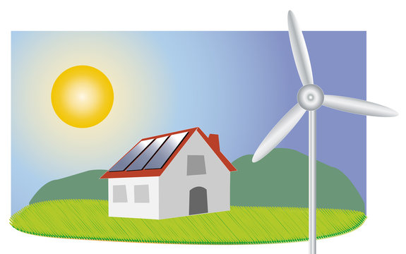maison avec panneaux solaire et éolienne
