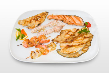 Grilled mixed fish with trout prawn salmon cuttlefish crustacean