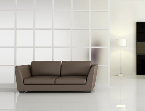 modern interior with brown leather sofa