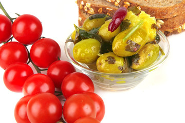 green and black olives with bread