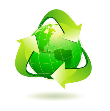 Vector Illustration Of Green Earth With Recycle Symbol.