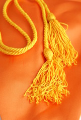 Gold cord graduation tassels on orange silk