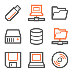 Drives and storage web icons, orange and gray contour series