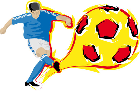 Illustration of a football player kicking a flaming ball