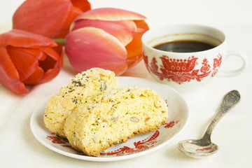 Corn biscotti and red tulips