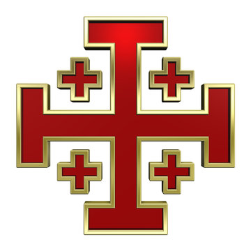 Red with gold frame heraldic cross isolated on white.