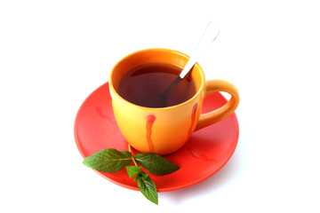 Cup of green tea on the saucer with mint