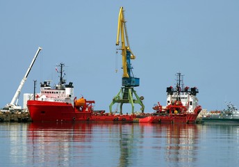 Red motorboat to oil  industry on island Sakhalin