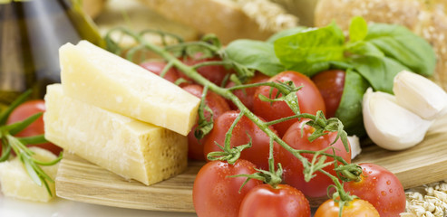 Fresh bread, herbs and vegetables