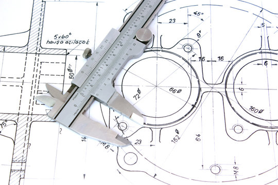 Caliper on Blueprint. Horizontal. Shallow Depth of Field