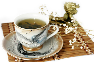 cup of green tea and cash isolated tree on a white background