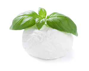 mozzarella cheese ball with basil leaf isolated on white