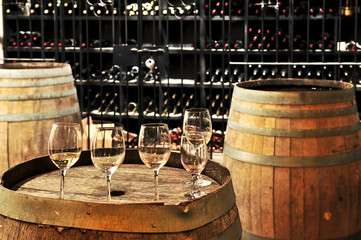 Wine  glasses and barrels - 14656914