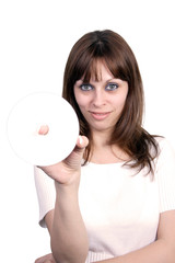 Young beautiful woman holding a cd.