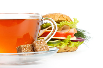 Ham sandwich and cup of tea