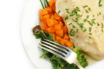 Chicken in Cream Sauce with Vegetables on White