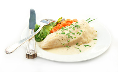 Chicken in Cream Sauce with Vegetable on White