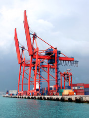 Twin cranes in harbor
