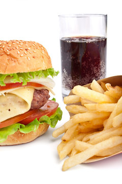cheeseburger, french fries and cola