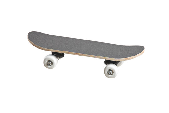 A grey skateboard isolated on a white background