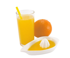 Fresh natural orange juice on a white background