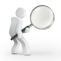 3d character man with big magnifier look for something