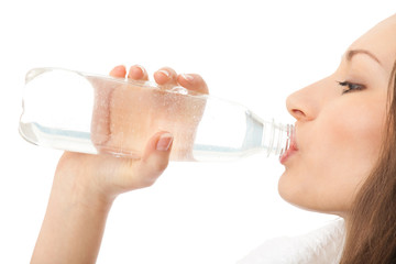 Photo of woman drinking water, isolated on white