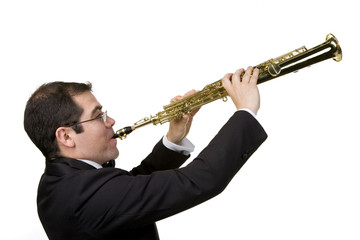 A saxophone player in formal concert dress isolated on white.