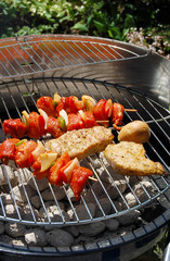 Grill mit Fleisch und Spießen