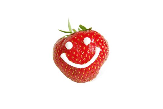 Ripe Strawberry With Smiley Face, Isolated On White